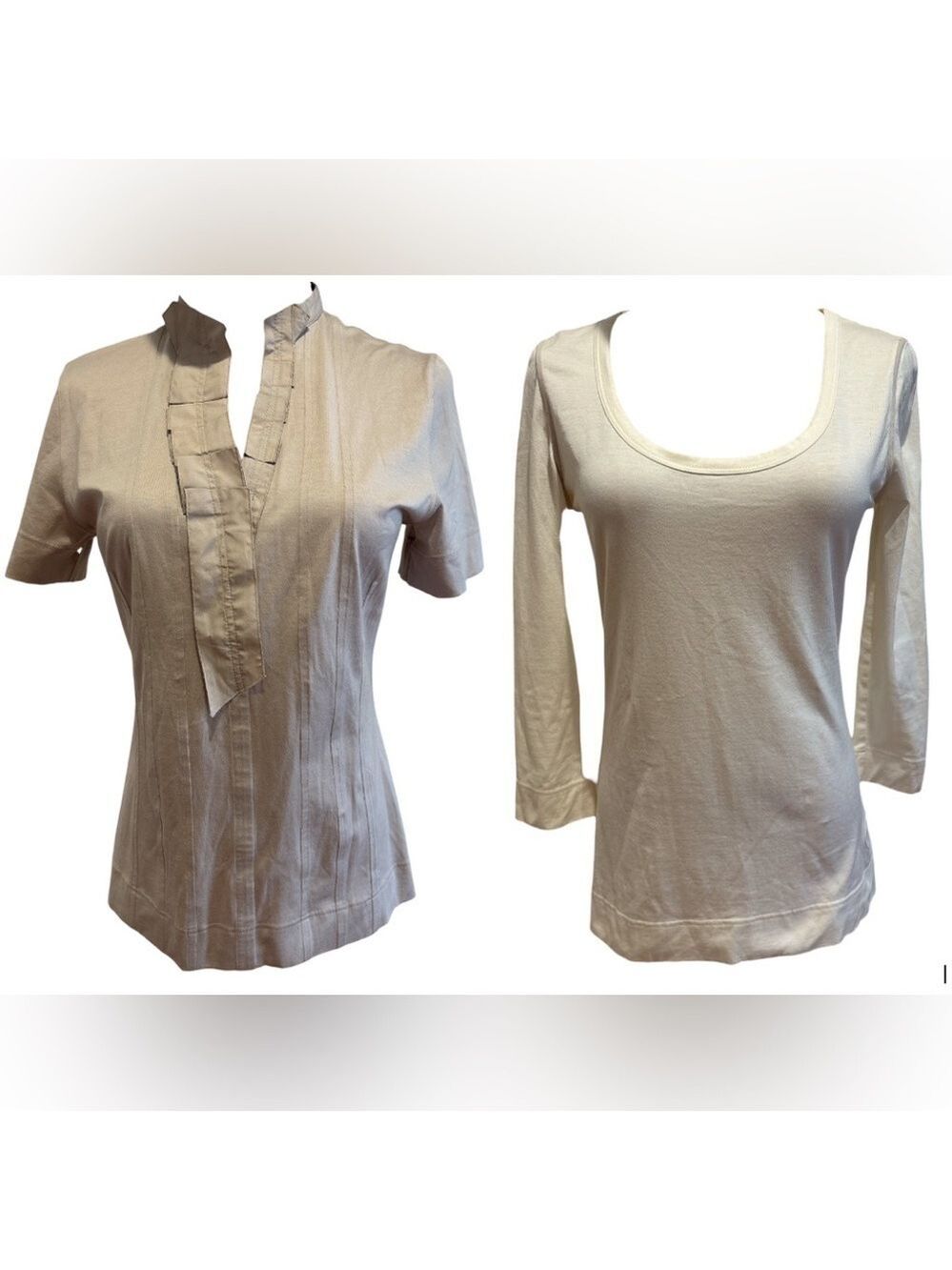 NWOT 2PC AKRIS PUNTO BERGDORF GOODMAN TAN RUFFLE V-NECK & CREAM KNIT SCOOP TOPS - Picture 3 of 9